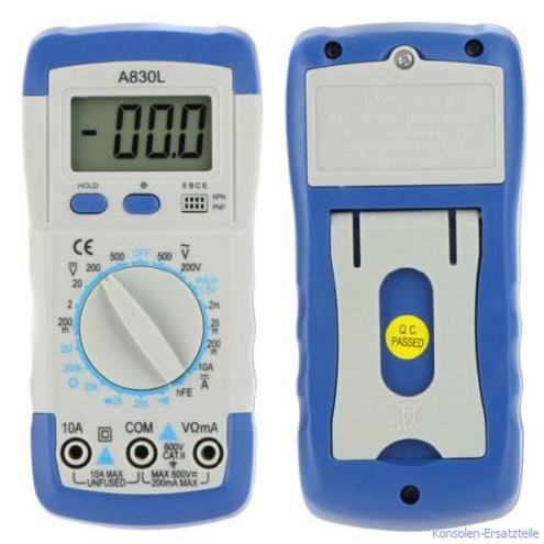 Digitales Multimeter, DMM, Vielfachmessinstrument digitale Anzeige. Digitales Messgerät für Spannung, Strom und Widerstand inkl. Transistortester, hFE Tester. Vielfachmessgerät, Spannungsmessung, Strommessung, Widerstandsmessung, Diodentest, durchgangsprüfung, LCD Multimeter A830L