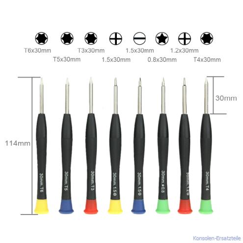 8-tlg. Werkzeugset für Handys, u.a. für apple iPhone 6 / 5 & 5S & 5C / iPhone 4 & 4S. Torx T3, T4, T5, T6, Kreuzschlitz, Pentagonal